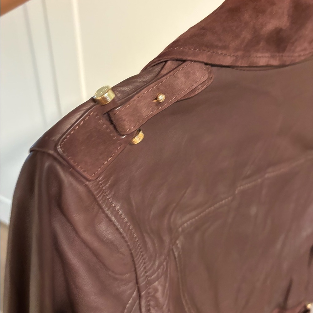 Gold Accented Brown Leather Motorcycle Jacket - Picture 5 of 7